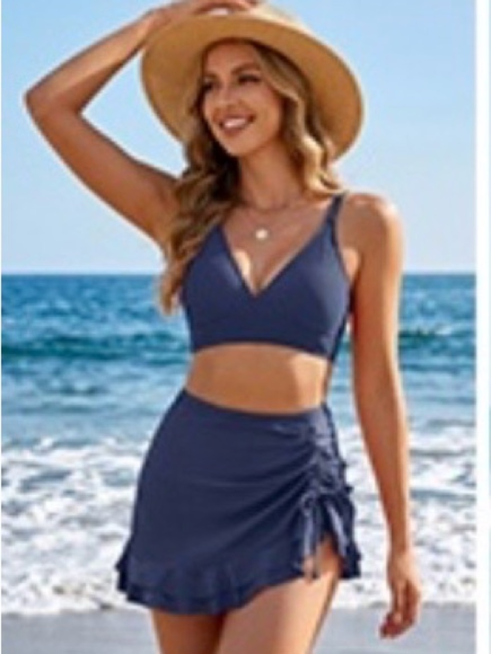 Blooming Jelly Navy Blue V-Neck Bikini Top with Ruched Skirted Bottom